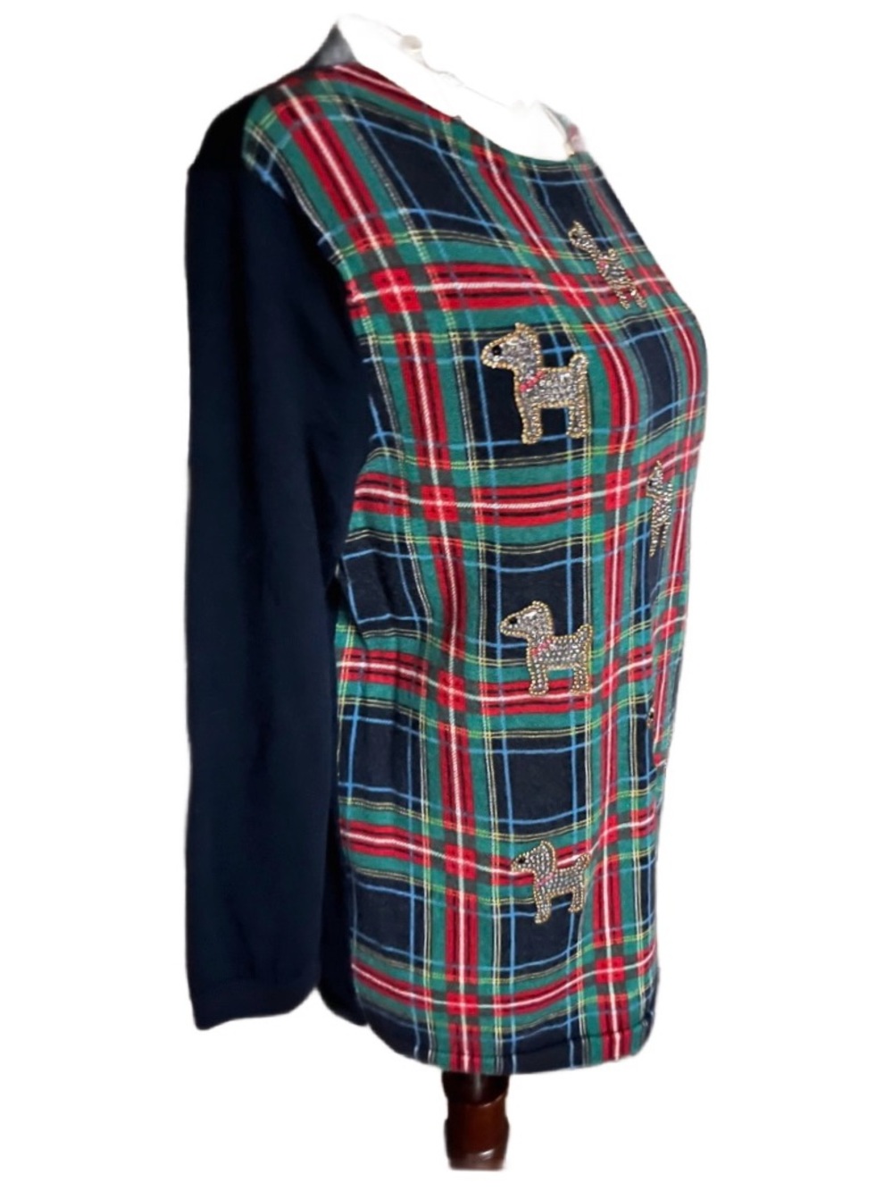 Talbots ~ Large ~ Wool ~ Plaid W/ Terrier Dogs ~ Black/ Red ~ Sequins Sweater